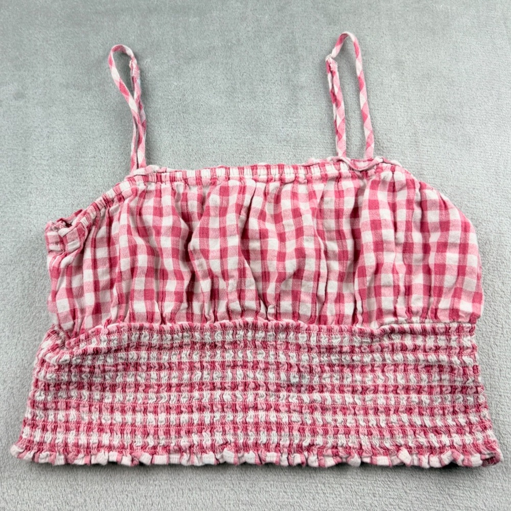 American Eagle Pink Gingham Smocked Crop Cami Top Women Small Cotton Linen Blend